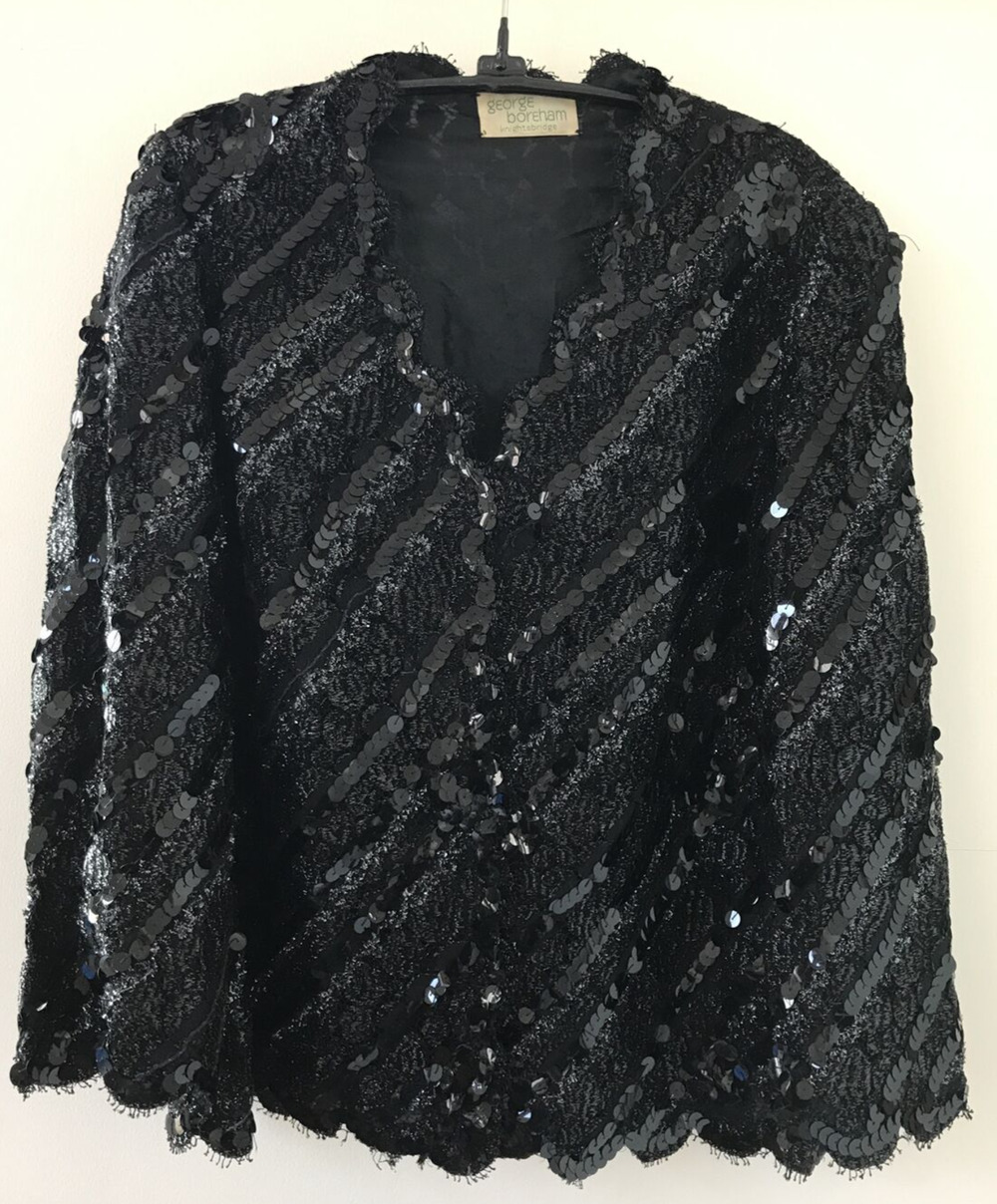 Vtg George Boreham Sparkle Black Sequin Button Up Evening Jacket Cardigan M 40”